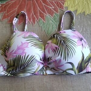 Shade & Shore Pink and Green Leaf Bikini Top 38D New